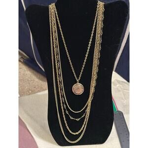 Vintage Cameo Signed Gold Tone Multi Strand Chain Locket Necklace Layered
